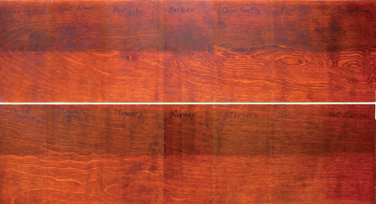 A UV-resistance test showing the limited effectiveness of various teak oils in preventing UV damage to stained wood.