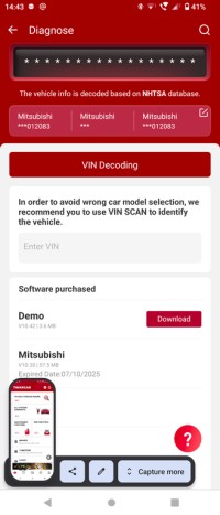 Thinkcar car scan VIN decoding process on the app interface