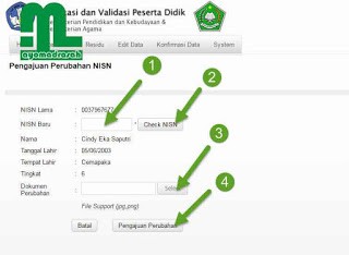 Verval PD Kemenag NISN Edit Form: Example of the data input screen for correcting the National Student Identification Number (NISN) in the Indonesian education system, requiring scanned document uploads for verification.