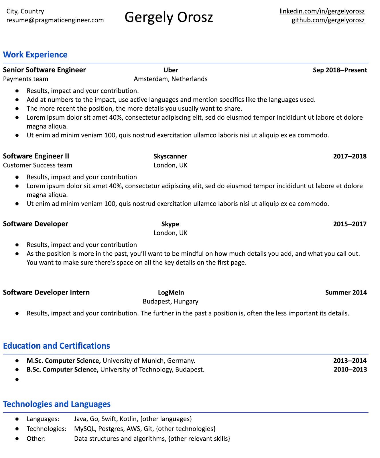 Example of a good resume template highlighting scannability and clear information separation