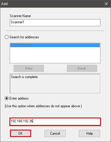 Enter Address Option for Adding Scanner in Epson Scan Settings