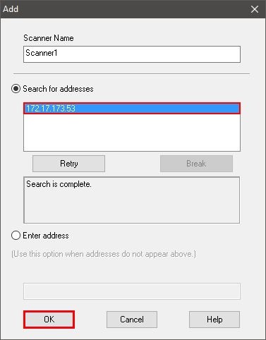 Selecting Scanner IP Address from List in Epson Scan Settings