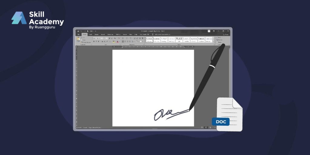 Insert pictures option is highlighted in the menu bar, demonstrating how to start adding a signature image to a Word document.