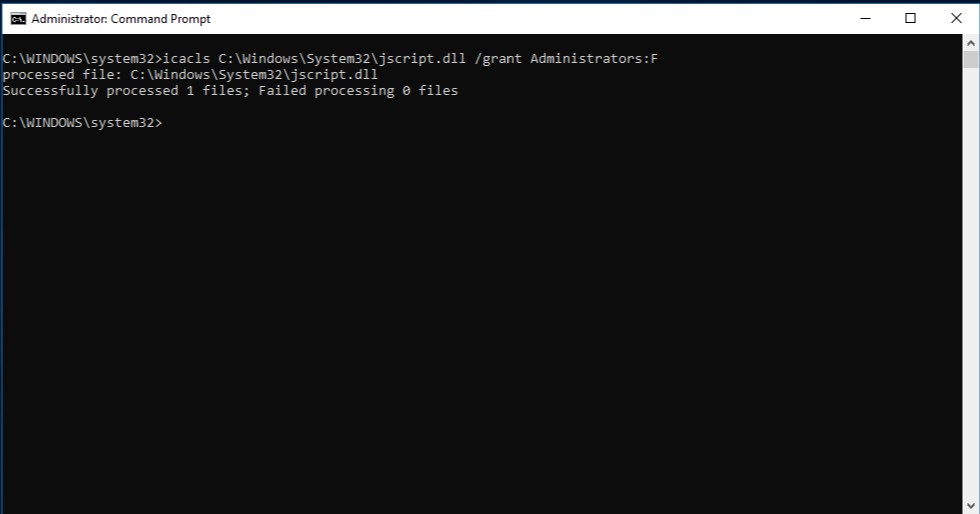 Command Prompt showing commands to take ownership and grant permissions to a system file