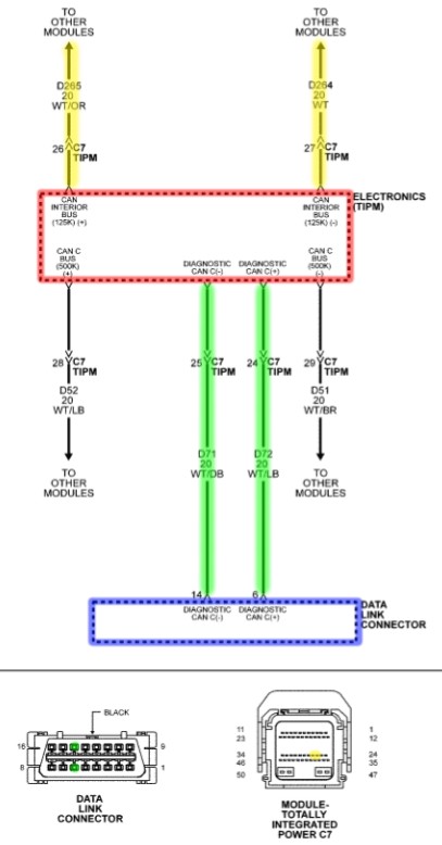 CAN bus wiring diagram highlighting the Total Integrated Module (TIM) and CAN connections for diagnostic purposes with a car scanner