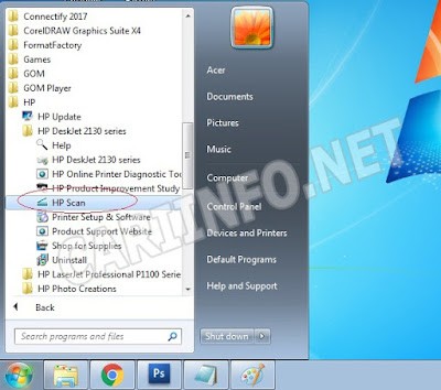 Opening HP Scan application from Windows menu for HP Deskjet 2135 printer