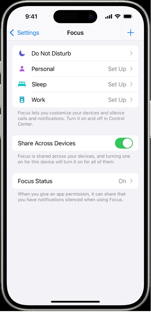 A screen showing the Focus settings on an iPhone with options like Do Not Disturb, Sleep, Personal, and Work.