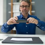 Man using smartphone to scan a signature on paper. This illustrates the step of photographing a signature for digital conversion using a mobile scanning app.