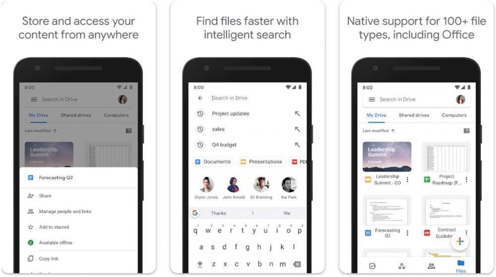 Google Drive app interface showcasing the '+' button and 'Scan' option