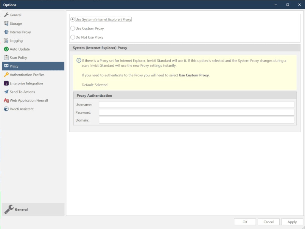 Invicti Standard Proxy Options Tab