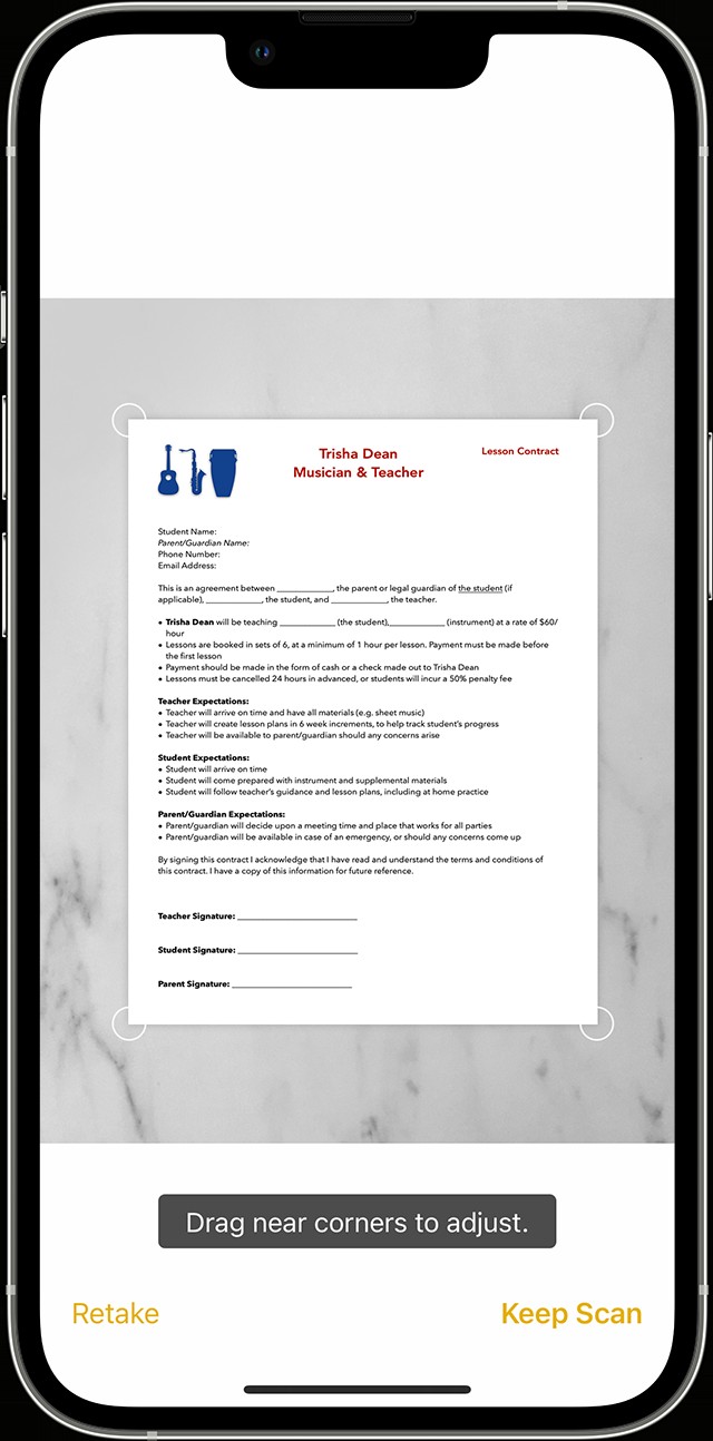 Scanning a document with iPhone Notes app for full digital copy