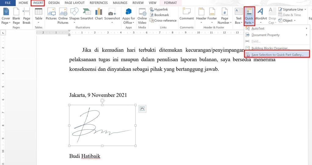 Save signature to Quick Part Gallery in Microsoft Word