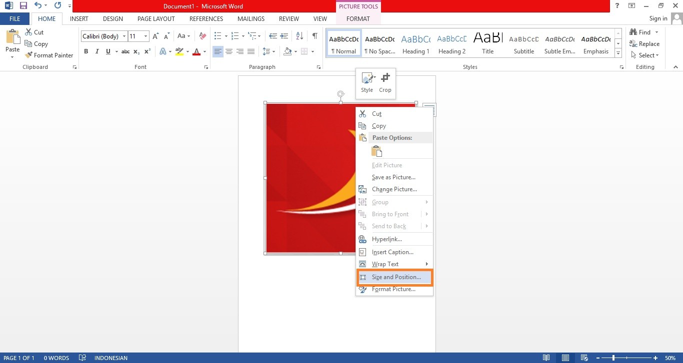 Accessing the Size and Position menu in Microsoft Word to resize photos for printing.