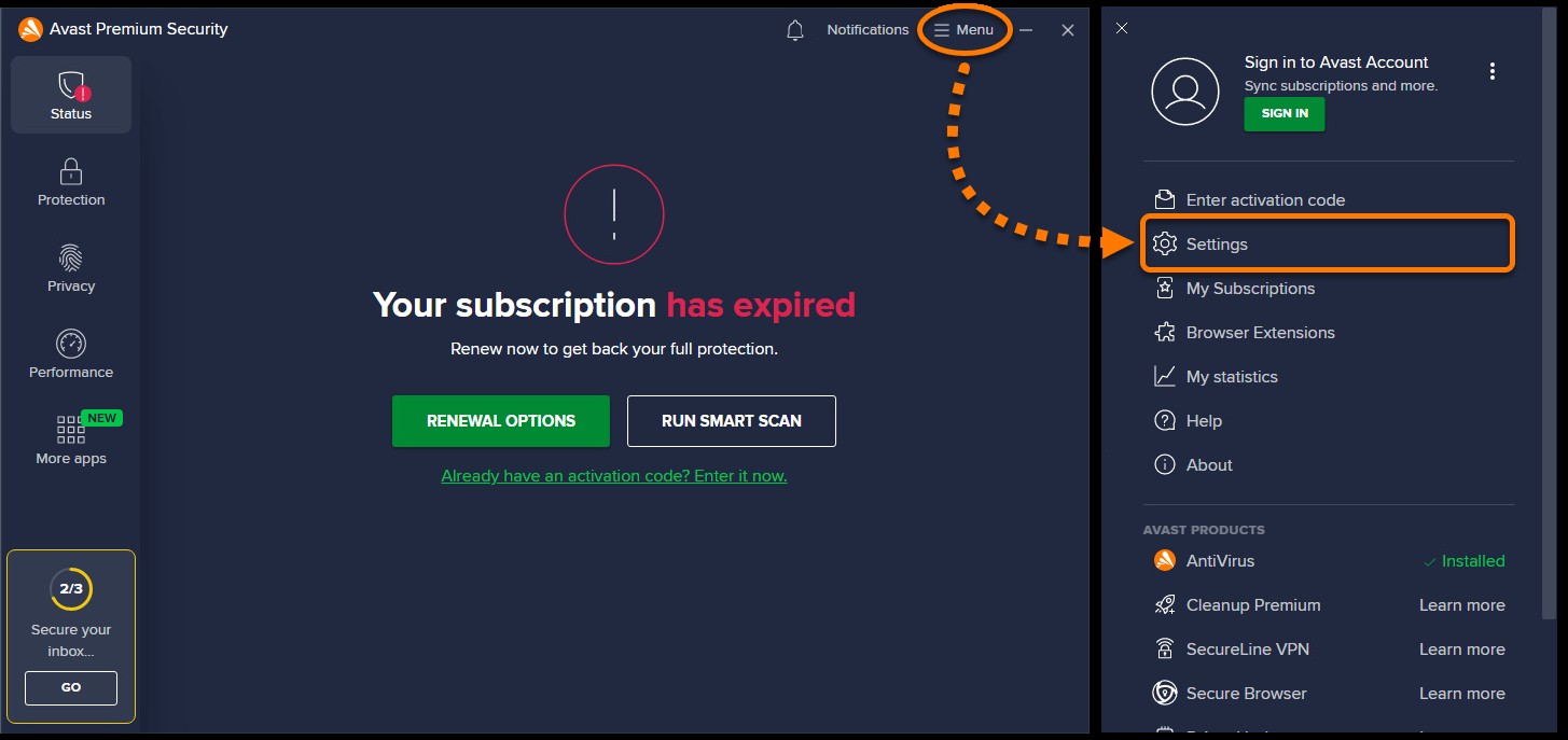 Navigating to Settings in Avast Antivirus Menu